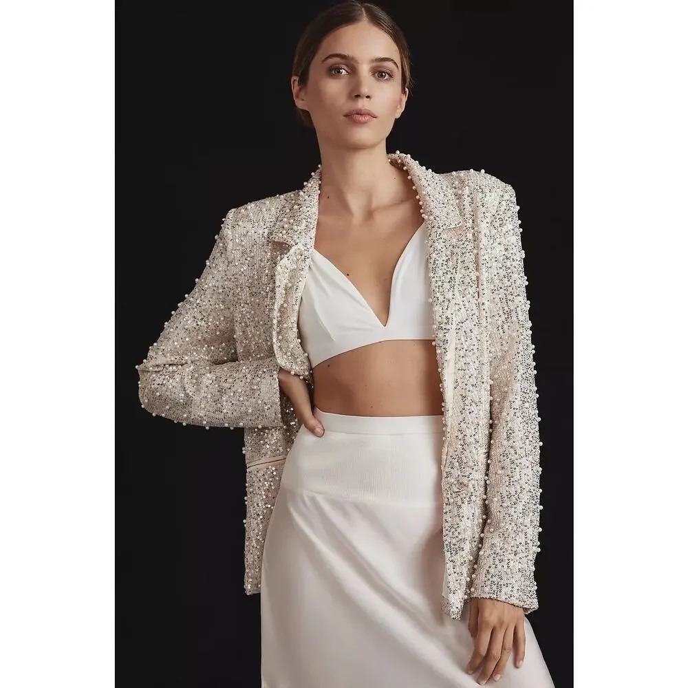 Anthropologie Mable Sequin Pearl Beaded Blazer Womens Small Party Jacket‎